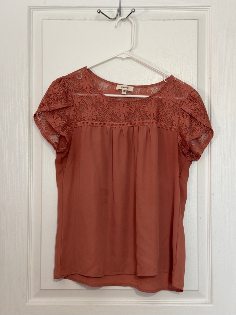 meraki Rust Lace Yoke Flutter Sleeve Blouse